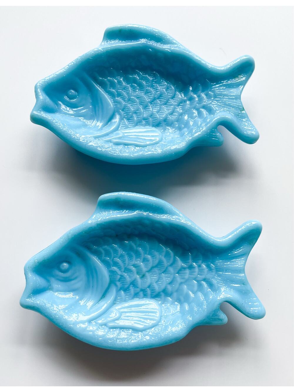 Two Small Blue Milk Glass Fish Trinket Dishes 90s Martha Stewart by Mail